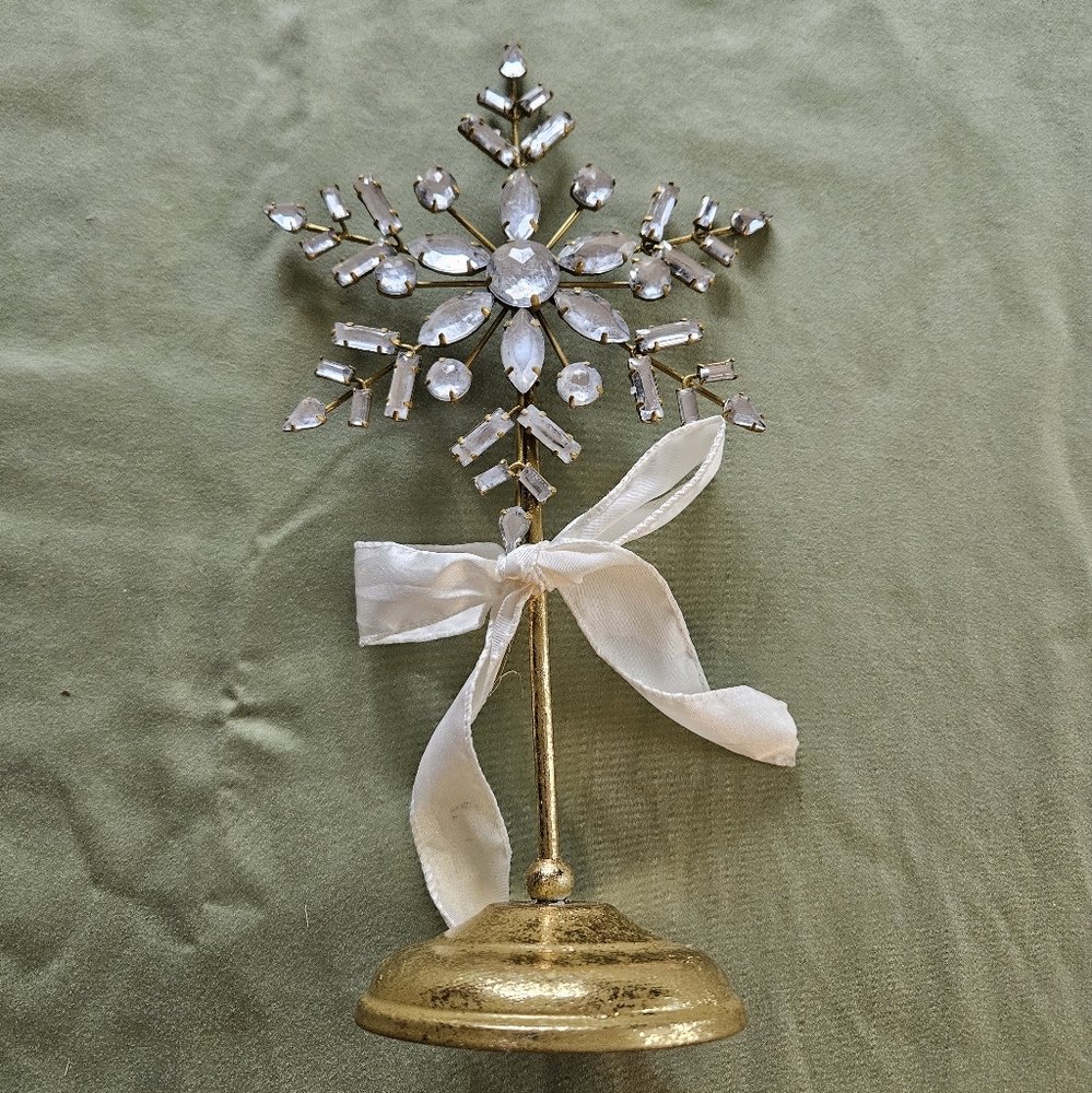 Crystal Snowflake with‎ an Ivory Bow Christmas Golden Tabletop Decor Ahsland